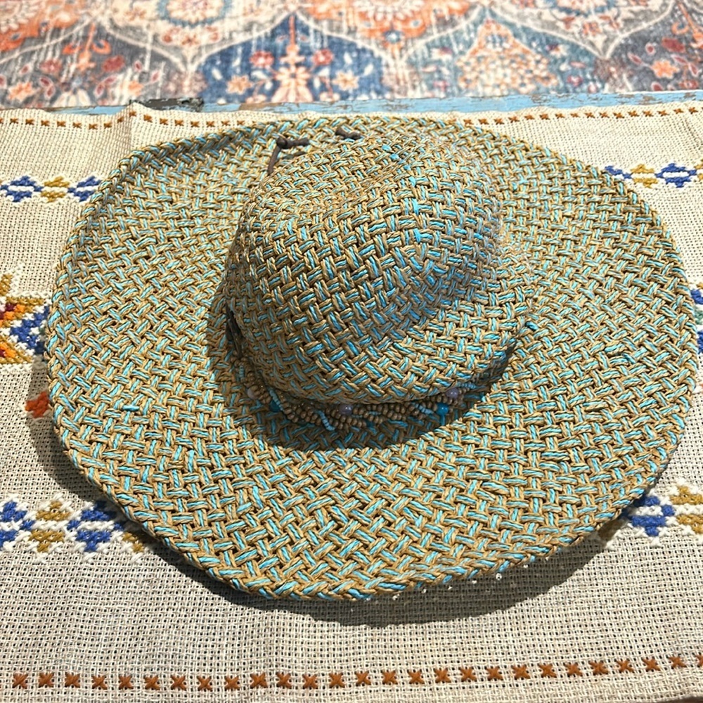 Tropical Trends Blue Beach Pool Hat Wide Brim Floppy Woven Packable